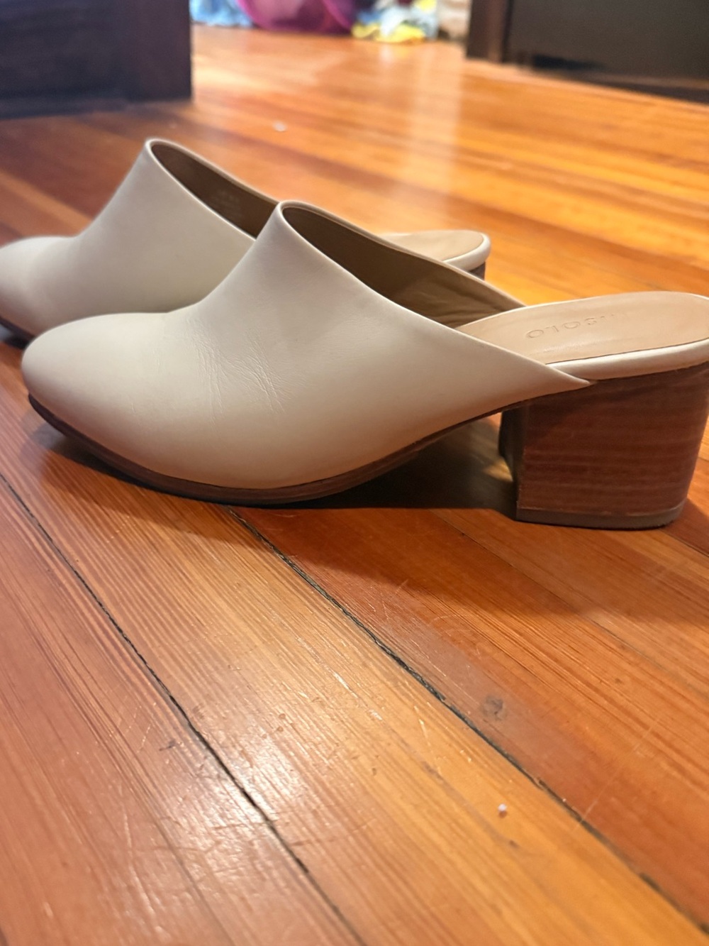 Beige Leather Slip-On Mule Heels